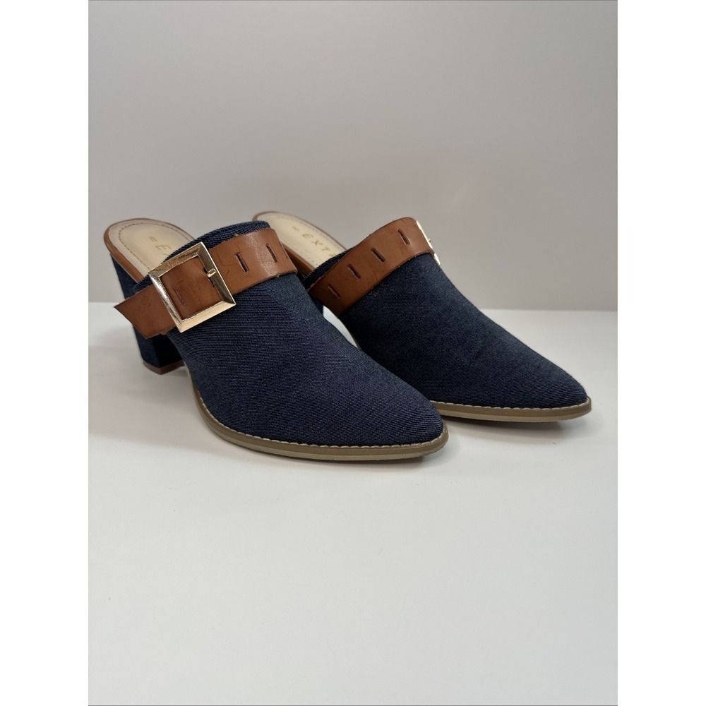 Extreme By Eddie Marc Size 8 Denim‎ Leather Mules Heels